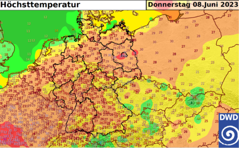 Gemessene Höchsttemperaturen vom Donnerstag, den 08.06.2023 (Quelle Deutscher Wetterdienst)