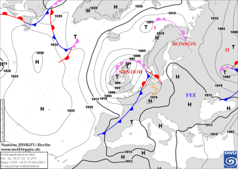 Karte Europa und Nordatlantik mit Vorhersage der Druckverteilung sowie Fronten für Samstag, 15.07.2023 12 UTC (Quelle DWD)
