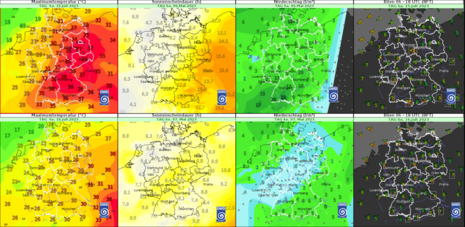 Deutschlandkarte mit Vorhersage für Samstag (oben) und Sonntag (unten), von links nach rechts: Höchsttemperatur, Sonnenscheindauer, Niederschlag, Böen tagsüber (Quelle DWD )