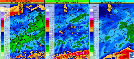 Akkumulierter Niederschlag von Freitag, den 21.07.2023 12 UTC bis Mittwoch, den 26.07.2023 06 UTC für verschiedene Modelle (Quelle Deutscher Wetterdienst)