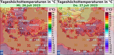 Höchstwerte östlicher Mittelmeerraum für Mittwoch und Donnerstag zwischen 30 und 46 Grad. (Quelle NinJo - DWD)
