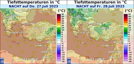 Tiefstwerte im östlichen Mittelmeerraum für die Nächte auf Donnerstag und Freitag mit Werten zwischen 27 und 19 Grad. (Quelle NinJo - DWD)