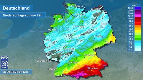 72-stündiger aus Radardaten abgeleiteter Niederschlag in Liter pro Quadratmeter von Samstag, den 26.08.2023, 6 Uhr UTC bis Dienstag, den 29.08.2023, 6 Uhr UTC