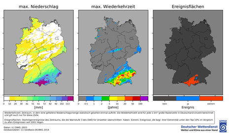 Maximaler Niederschlag (linkes Bild), maximale Wiederkehrzeit (mittleres Bild) und Ereignisflächen (rechtes Bild) in Bezug auf die Niederschläge von Samstag, den 26.08.2023, 6 Uhr UTC bis Dienstag, den 29.08.2023, 6 Uhr UTC