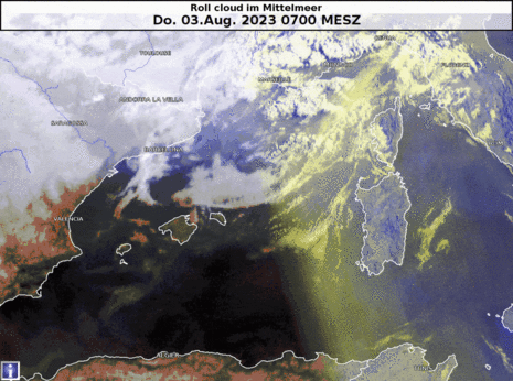 Im Tagesverlauf zeigt sich im Satellitenbild im Mittelmeer eine