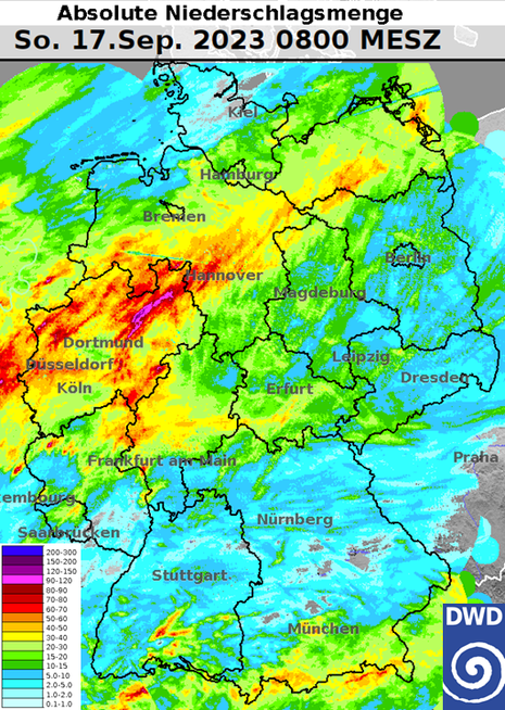 Abbildung 1 zeigt Deutschlandkarte mit einer flächigen Farb-Darstellung der im September bis zum heutigen Sonntag (17.09.2023) gefallenen Niederschlagsmenge. (Quelle Deutscher Wetterdienst)