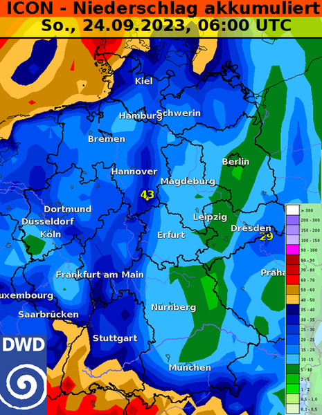 Abbildung 3 zeigt Deutschlandkarte mit einer flächigen Farb-Darstellung der bis zum nächsten Sonntag vorhergesagten Gesamtniederschlagsmenge in Deutschland. (Quelle Deutscher Wetterdienst)