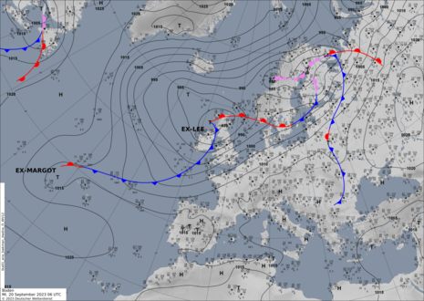 Bodenanalysekarte mit der Wetterlage am Mittwoch, den 20.09.2023, mit Ex-Hurrikan LEE über Schottland