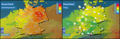 Linkes Bild: Höchstwerte am gestrigen Donnerstag, den 21.09.2023; rechtes Bild: Höchstwerte und Wetter am heutigen Freitag, den 22.09.2023