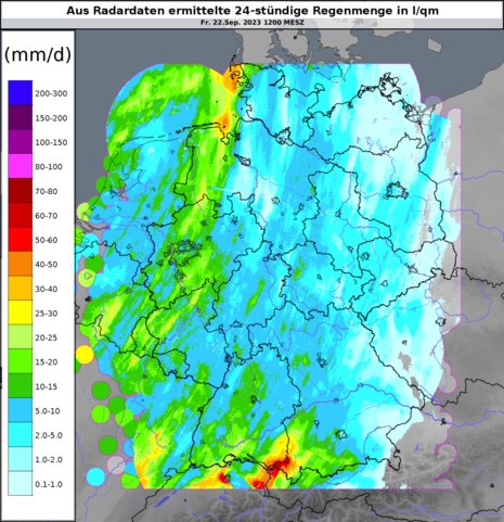 Aus Radardaten ermittelte 24-stündige Regenmengen von Donnerstagmittag (21.09.2023) bis Freitagmittag (22.09.2023)