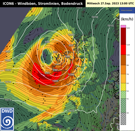Prognose Windböen, Stromlinien und Bodendruck (ICON6) für Mi, 27.09.2023, 15 Uhr (MESZ). (Quelle DWD - Deutscher Wetterdienst)
