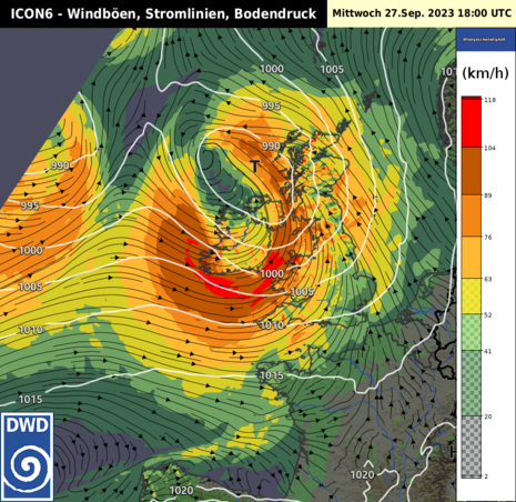Prognose Windböen, Stromlinien und Bodendruck (ICON6) für Mi, 27.09.2023, 20 Uhr (MESZ). (Quelle DWD - Deutscher Wetterdienst)