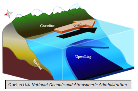 Ekman-Transport - Vom Wind induzierte Strömung, die das Gleichgewicht zwischen Corioliskraft und bewegte Wassersäule herstellt. (Quelle U.S. National Oceanic and Atmospheric Administration)