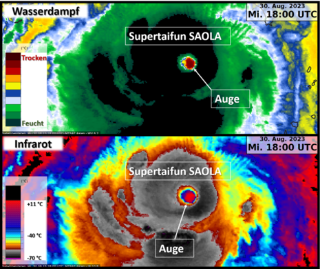 Das obere Bild zeigt ein Wasserdampfbild des Supertaifuns SAOLA, das untere das entsprechende Infrarotbild. (Quelle DWD)