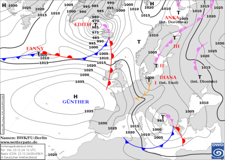 Karte des Bodendrucks für Mitteleuropa. Tief DIANA über Nordostdeutschland. (Quelle: www.wetterpate.de und DWD)