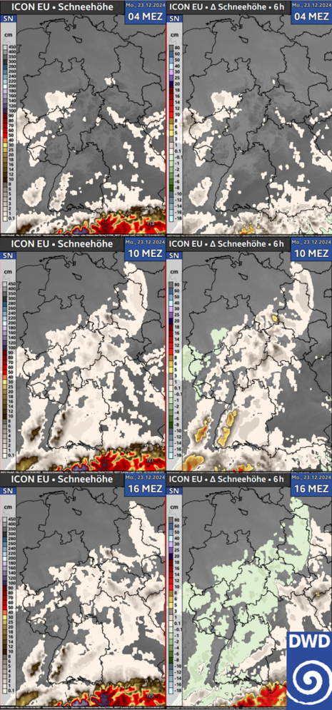 Ausschnitt Mitteldeutschland. Zu sehen ist eine Zunahme der Schneehöhe in der Früh und am Vormittag und eine Abnahme von Westen in der Folge. (Quelle: DWD)