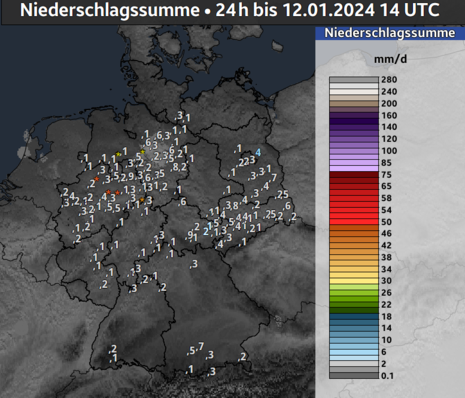 Diese Grafik zeigt die 24 stündige Niederschlagsmenge bis zum 12.01.2024 14 UTC. Im Norden und der Mitte Deutschlands wurden gebietsweise zwischen 0 und 1 Liter pro Quadratmeter registriert. (Quelle Deutscher Wetterdienst)
