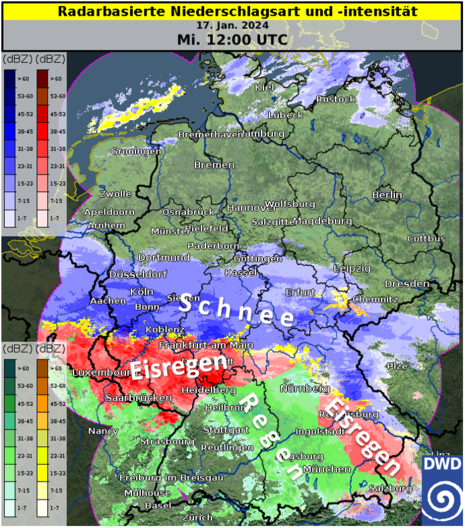 Radarbasierte Niederschlagsart und -intensität am Mittwoch, 17. Januar 2024, 13 Uhr (MEZ) (Quelle Deutscher Wetterdienst)