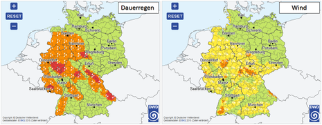 Warnkarte für Dauerregen (linke Seite) und Wind (rechte Seite). Stand: 01.01.2024, 13.44 Uhr. (Quelle DWD)