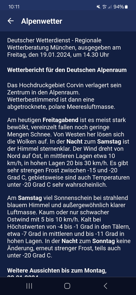 Alpenwetterbericht in der WarnWetter-App (Quelle Deutscher Wetterdienst)