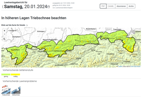 Grafischer Lawinenlagebericht für die Bayerischen Alpen für Samstag, den 20.01.2024 (Quelle Lawinenwarndienst Bayern)