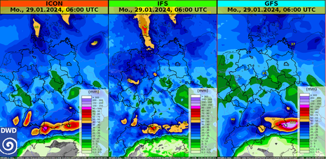 Deutschlandkarte mit einer flächigen Farbdarstellung der bis zum nächsten Montag, den 29.01.2024 vorhergesagten Gesamtniederschlagsmenge