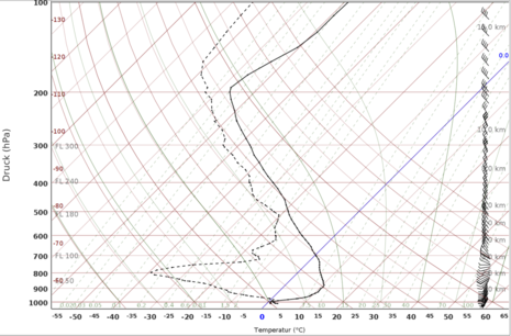 Diese Grafik zeigt den simulierten Radiosondenaufstieg für den Oberrhein für Sonntag 28.01.2024 um 12 UTC. (Quelle DWD)