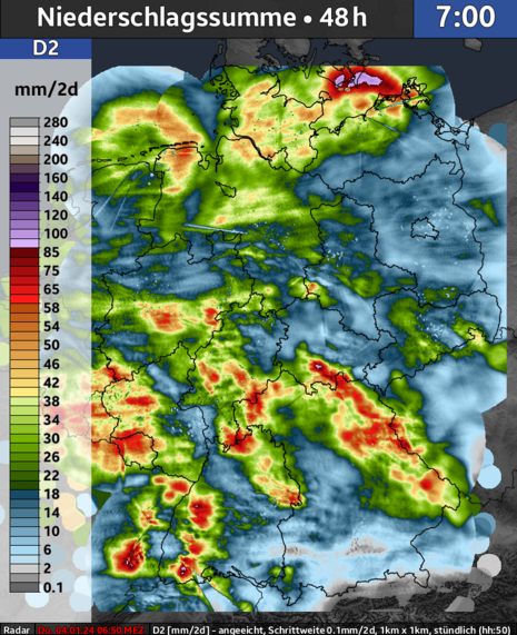 Aus Radardaten und Stationsdaten interpolierte 48-stündige Regensummen bis Donnerstagfrüh (4.1.2024 7 Uhr)