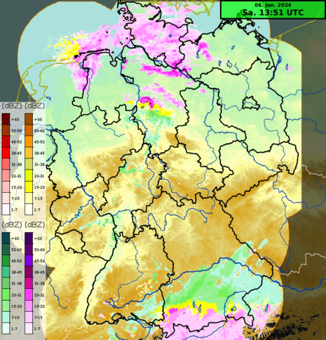 Reflektivität und Phasenerkennung Samstagnachmittag: Pink: Schnee, Gelb: Schneeregen, Grün Regen, Rot: gefrierender Regen. Das Radarbild zeigt die aktuellen Schneefälle an den Alpen und in Norddeutschland.
