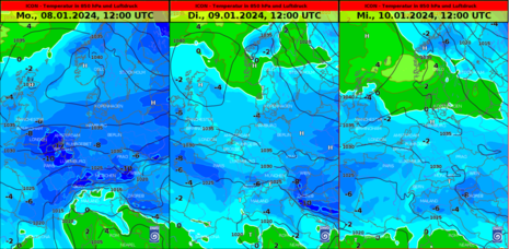Karte Europa mit Vorhersage des Bodendrucks und der 850 hPa Temperatur aus dem ICON-13 NAE Modell, für links: Mo. 08.01.24, mittig: Di. 09.01.24, rechts: Mi. 10.01.24 jeweils 12 UTC (Quelle DWD)