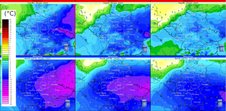 MOS-Vorhersage der Maximumtemperatur (oben) und Minimumtemperatur (unten) für Montag, 08.01.2024 bis in die Nacht zum Donnerstag, 11.01.2024 (Quelle DWD)