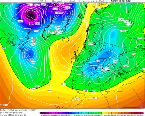 Diese Grafik zeigt die Großwetterlage vom 10.02.1956 um 00 UTC. Dabei erstreckte sich von Schottland bis ins Nordpolarmeer hoher Luftdruck und gleichzeitig tiefer Luftdruck über dem nördlichen Mittelmeerraum. (Quelle www.wetterzentrale.de)