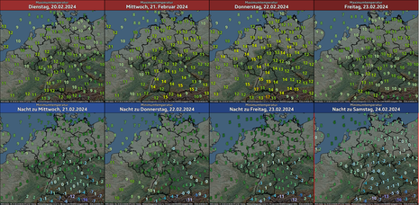 Temperaturprognose (MOSMIX-Daten) für Tmax und Tmin von Dienstag, den 20.02.2024 bis zur Nacht zum Samstag, den 24.02.2024 (Quelle DWD)