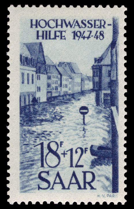 Briefmarke zu Unterstützung der Hochwasseropfer der „Jahrhunderflut“ 1947/48 an der Saar. (Quelle Wikipedia)