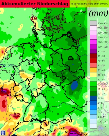 Die Grafik zeigt die zu erwartende Niederschlagsmenge bis Ende des Monates. Basis ist das europäische ECMWF Modell mit dem Modellauf vom 20.02.2024 00 UTC. (Quelle DWD - Deutscher Wetterdienst)