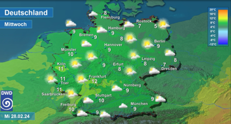 Wettervorhersage sowie Vorhersage der Tageshöchsttemperaturen in Deutschland am Mittwoch, den 28.02.2024 (Quelle Deutscher Wetterdienst)