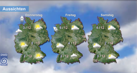Wetter- und Temperaturvorhersage für Donnerstag, den 29.02. bis Samstag, den 02.03.2024 (Quelle Deutscher Wetterdienst)