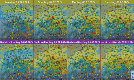 Windprognose (MOSMIX-Daten) für die maximalen Windböen in Beaufort von Samstag, den 03.02.2024 bis zur Nacht zum Mittwoch, den 07.02.2024 (Quelle DWD - Deutscher Wetterdienst)