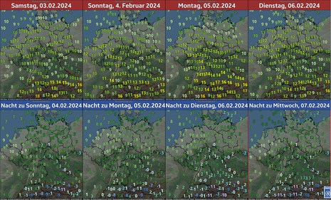 Temperaturprognose (MOSMIX-Daten) für Tmax und Tmin von Samstag, den 03.02.2024 bis zur Nacht zum Mittwoch, den 07.02.2024 (Quelle DWD - Deutscher Wetterdienst)