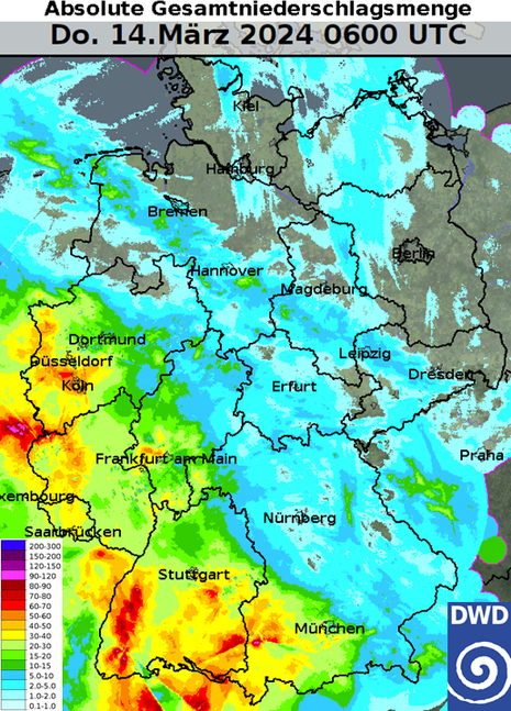 Deutschlandkarte zeigt mit einer flächigen Farbdarstellung die bisherigen Niederschlagsmengen im März 2024. (Quelle DWD)