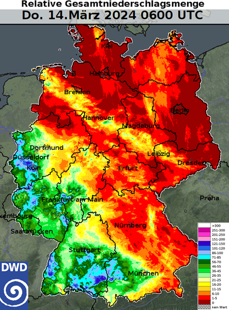 Deutschlandkarte mit einer flächigen Farbdarstellung der relativen Gesamtniederschlagsmenge im März in Bezug auf das klimatologische Mittel. (Quelle DWD)