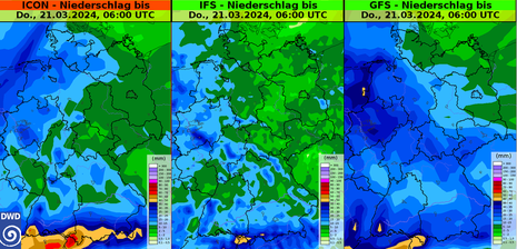 Deutschlandkarte mit einer flächigen Farbdarstellung der bis zum nächsten Donnerstag, den 21.03.2024 vorhergesagten Gesamtniederschlagsmenge. (Quelle DWD)