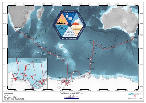 Die Graphik zeigt den Kursverlauf von FS Polarstern während der Expedition PS140 (EASI-2) von Kaptstadt bis nach Hobart. (Quelle Alfred Wegener Institut (AWI)/Reederei F. Laeisz)