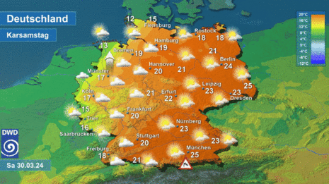 Abb 3: Vorhersagekarte mit Wettersymbolen und Höchstwerten für Karsamstag, den 30.03.2024 (Quelle DWD - Deutscher Wetterdienst)