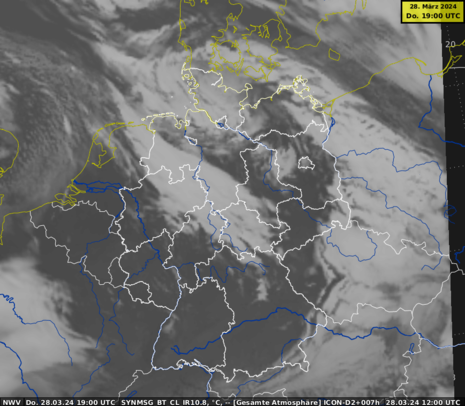 ICON-D2-Ir-Satellitenbildsimulation zeigt die Wolkenverhältnisse heute Abend gegen 20:00 Uhr mit großen Auflockerungen im Süden und Südwesten.