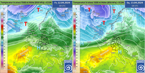 Prognose der Temperatur in 850 hPa (Farbfläche) und des Luftdrucks am Boden (weiße Linien) für den 12.04.2024 (links) und den 13.04.2024 (rechts). (Quelle DWD - Deutscher Wetterdienst)
