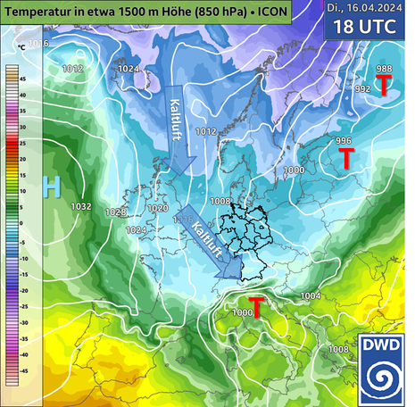 Prognose der Temperatur in 850 hPa (Farbfläche) und des Luftdrucks am Boden (weiße Linien) für den 16.04.2024. (Quelle DWD - Deutscher Wetterdienst)