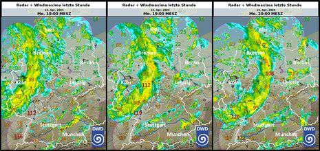 Die Kaltfront von Tief YUPADEE (Radarbild) sowie die maximalen Böen (in km/h) der jeweils letzten Stunde um 18 Uhr MESZ, 19 Uhr MESZ und 20 Uhr MESZ (von links nach rechts).