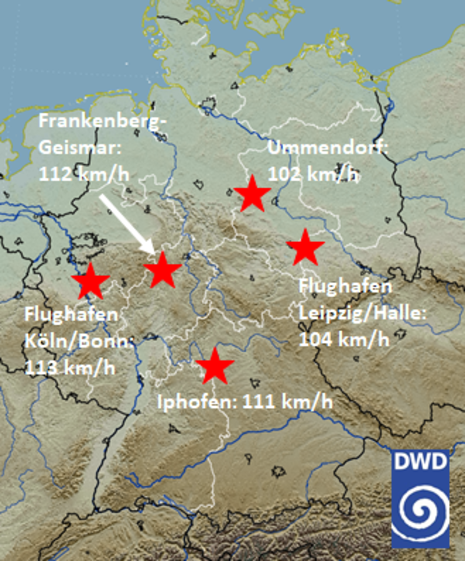 Die fünf Stationen mit Böen über 100 km/h am gestrigen 15.4.2024 (ohne Bergstationen).