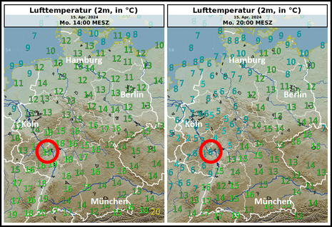 Lufttemperatur (2m, in °C) am gestrigen Montag um 14 Uhr MESZ (links) und um 20 Uhr MESZ (rechts). Deutlich ist der Temperaturrückgang über dem Westen (Kaltfrontpassage) zu erkennen. Roter Kreis: Station Geisenheim.